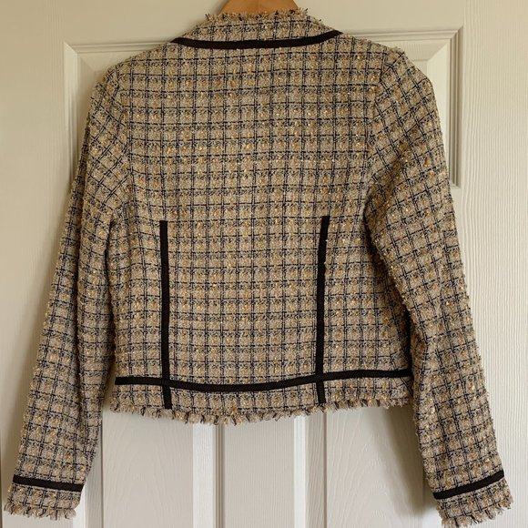 πHPπ Vintage Tweed Fringe Hem Blazer Size 4 Lined, Brown Tan & Cream - Picture 2 of 15